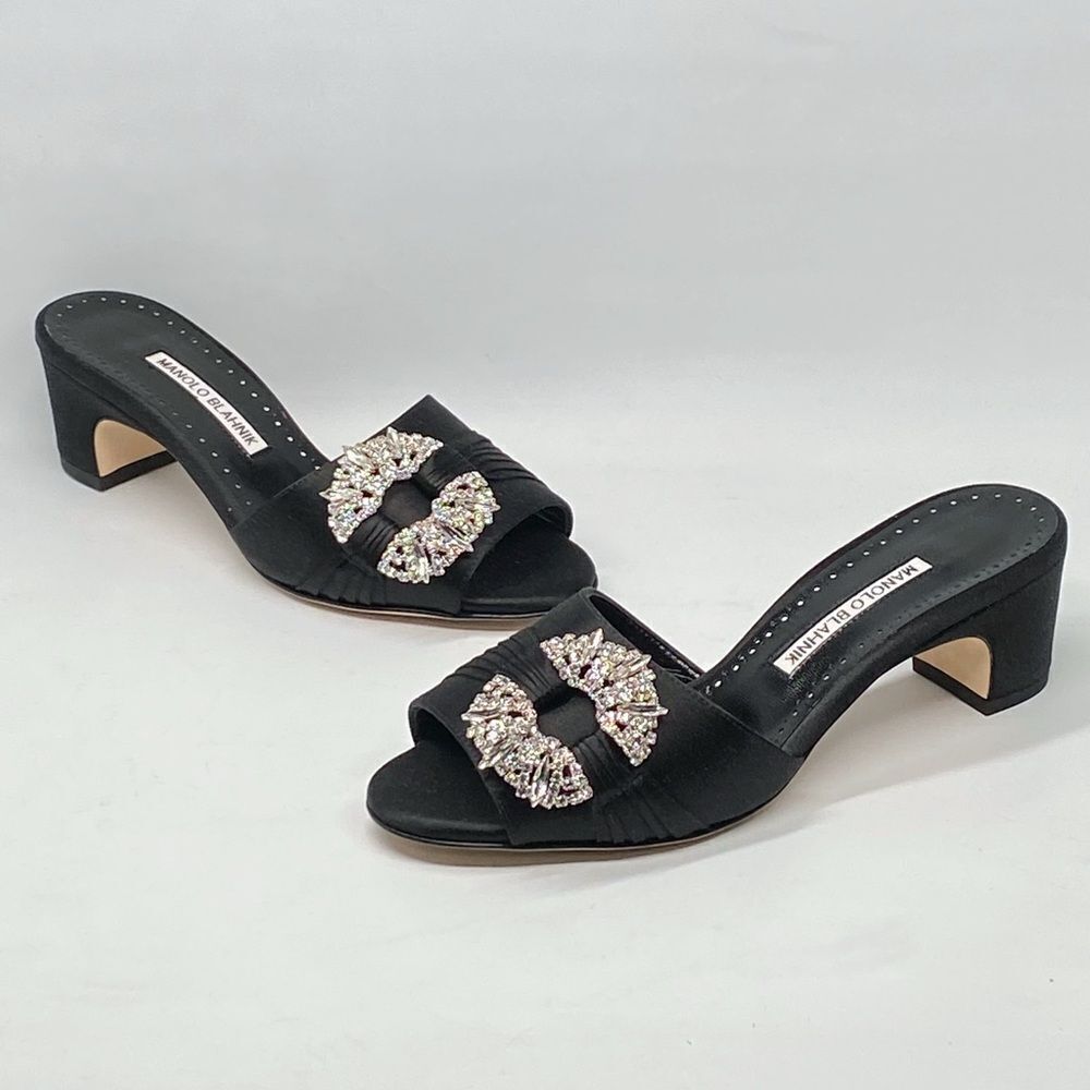 Manolo Blahnik Prinap 50MM Satin Crystal Buckle Mules size 36